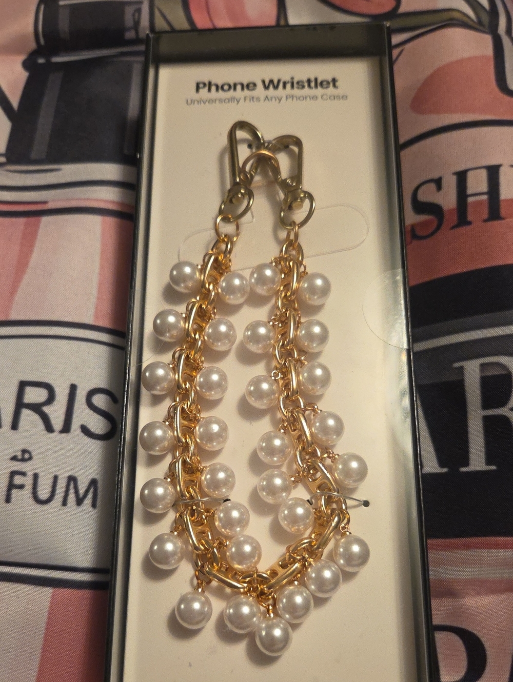 Pearl Chain Phone Wristlet - Gold and White